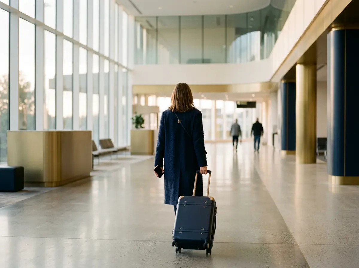 A traveler walking through a bright arrivals hall with a carry-on suitcase and a phone in hand