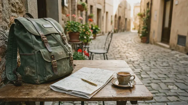 A backpack and a paper map on a café table in morning light