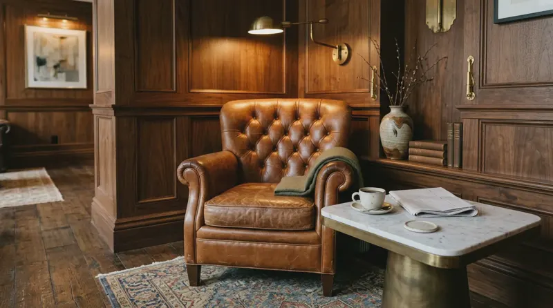 A leather armchair and a coffee in a quiet, softly lit lounge
