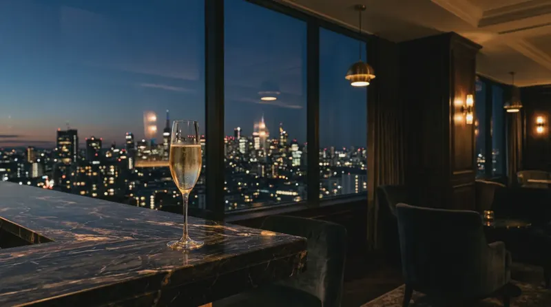 A glass of champagne before a city skyline at dusk in a private lounge
